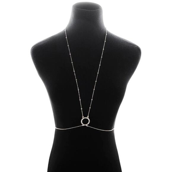 Body Torso Chain Harness Rhinestone Circle Silver - Picture 1 of 2